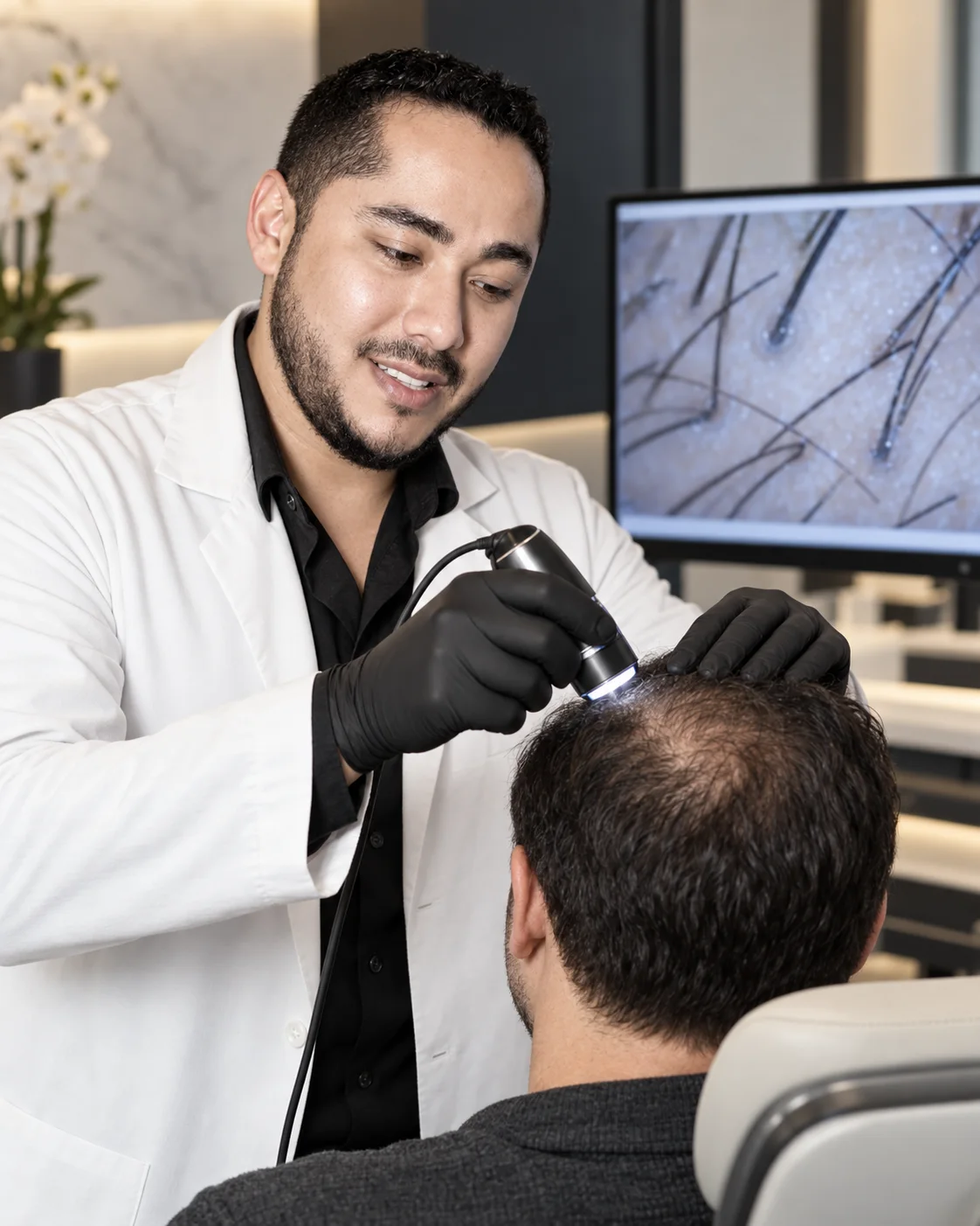 Dr. Barajas realizando una tricoscopía diagnóstica a un paciente con caída de cabello