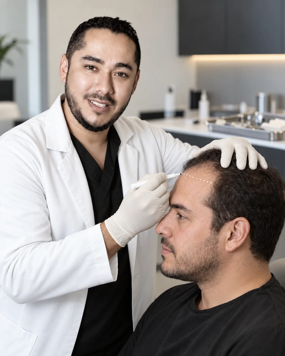 Dr. Barajas diseñando la línea frontal antes de un trasplante capilar FUE